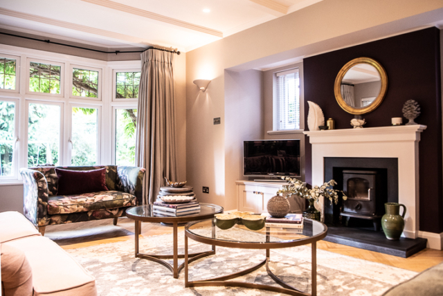 Living room fireplace view