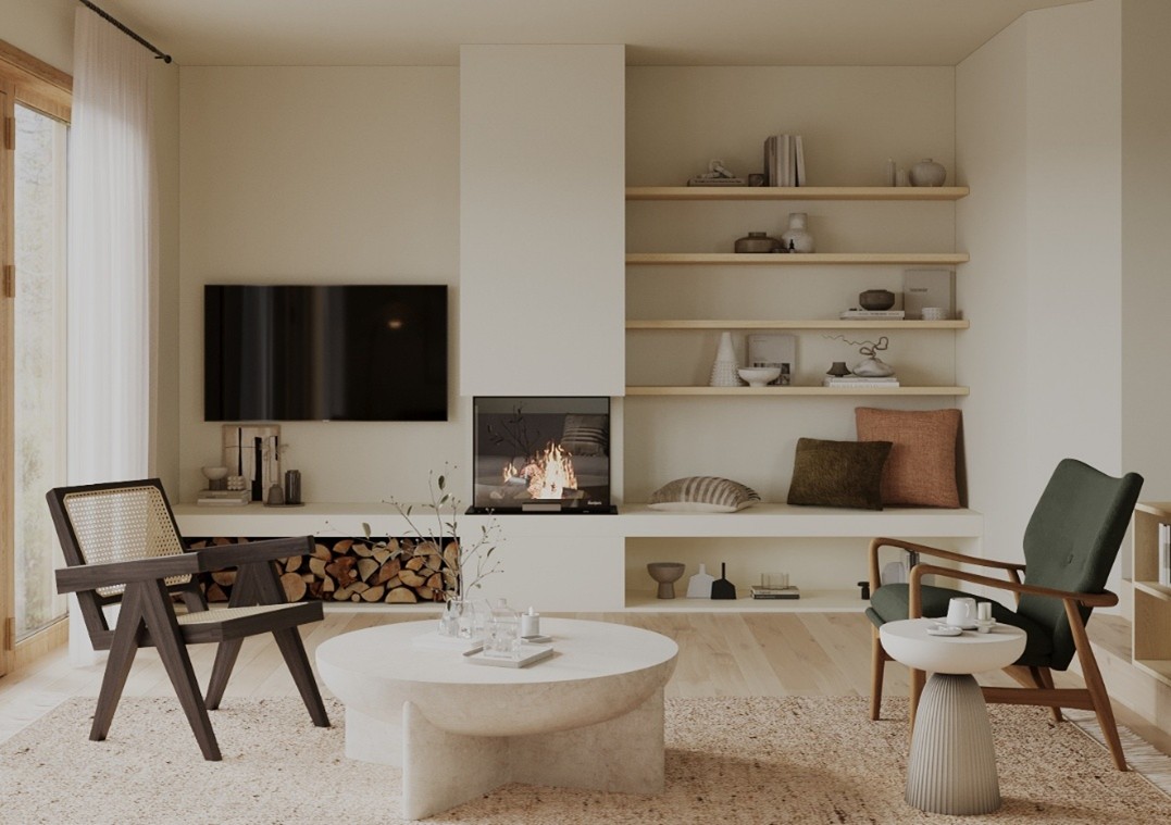 3D rendering of a contemporary japandi living room design with the fireplace wall