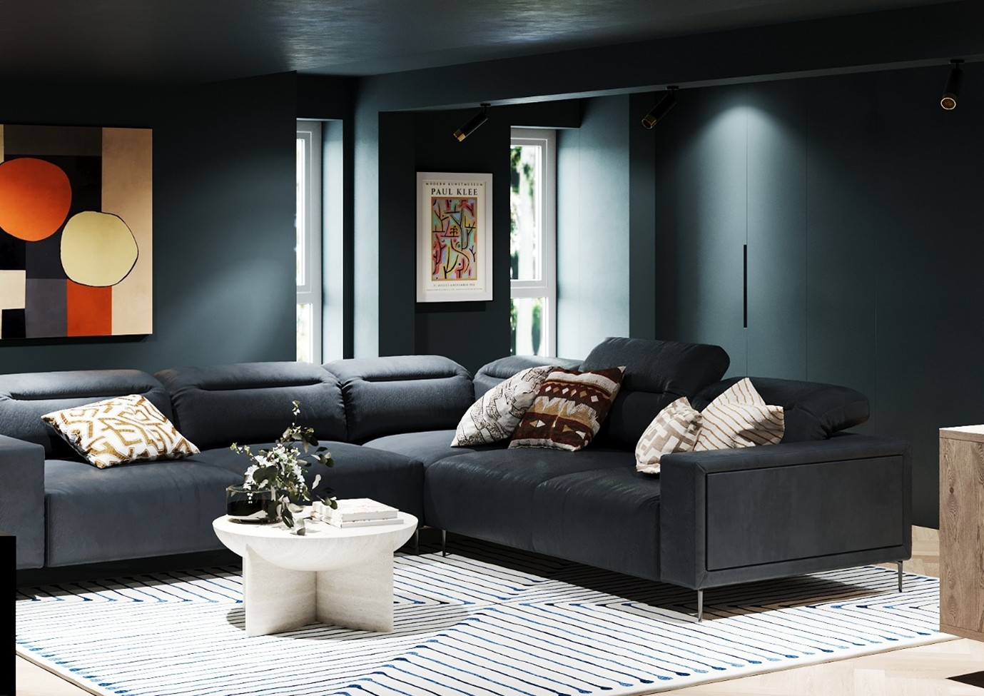 3D rendering of a moody and dramatic basement hang-out space